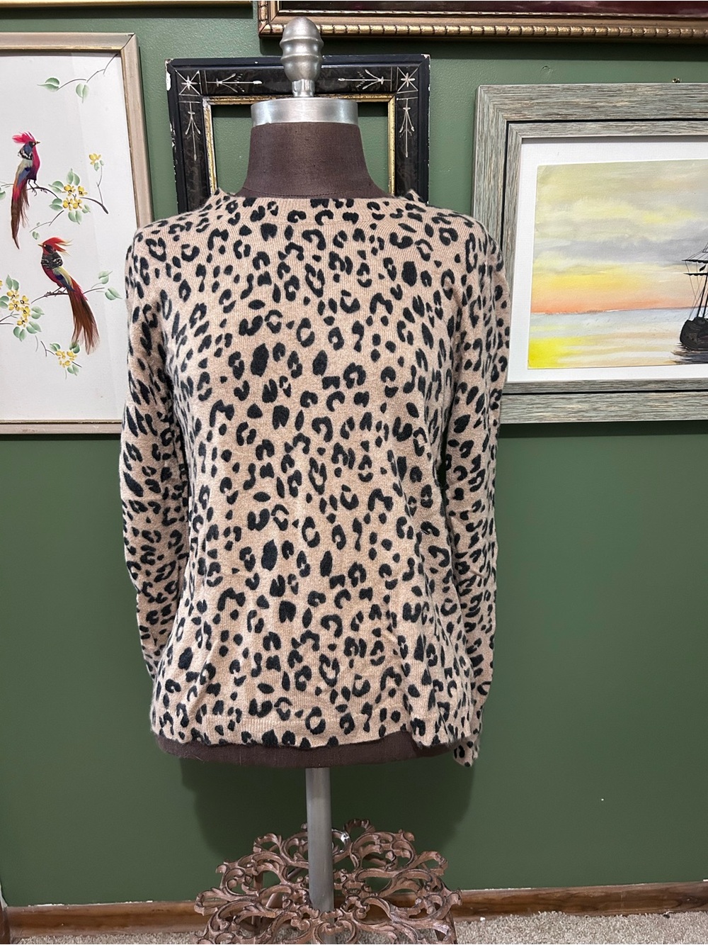 Leopard Print Long Sleeve Sweater - Beige/Black Cashmere J Crew